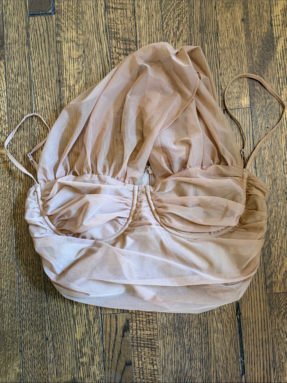 House of CB Beige/Light Brown Ruched Mesh Crop Top
